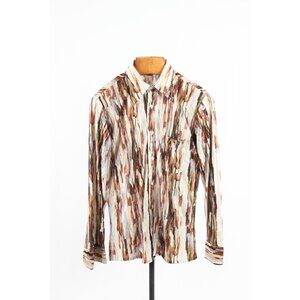 Vintage PAOLO CONTI Brown Grey Graphic Satin Jersey Button Down Shirt, Size L